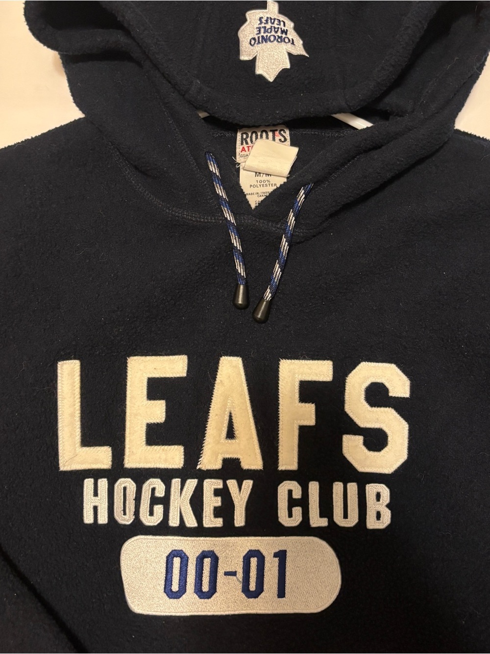 Roots Navy Pullover Hoodie with White 'Leafs Hockey Club' Graphic